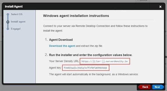 instalar agente monitorizacion serverdensity windows url key