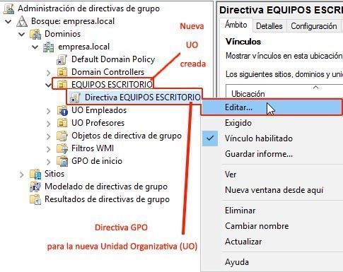 Editar Directiva GPO para Unidad Organizativa