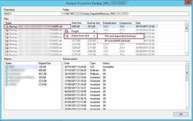 veeam delete from disk this and dependent backups
