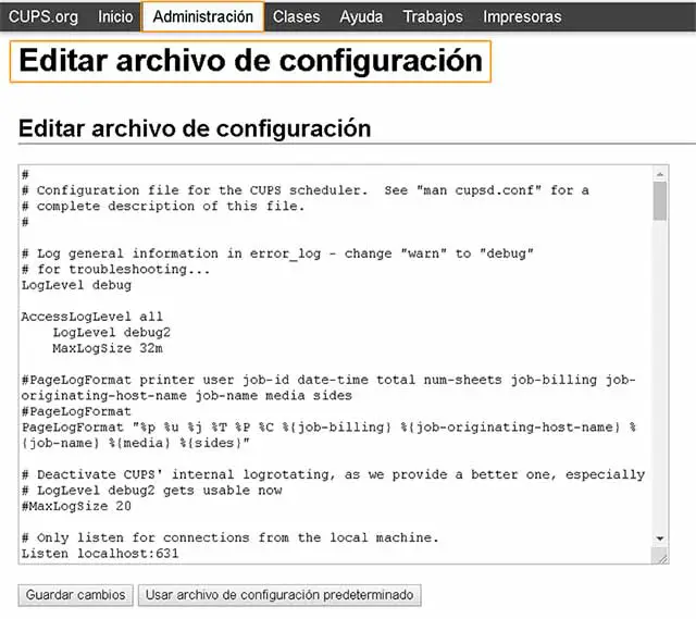 archivo configuracion cups interfaz web