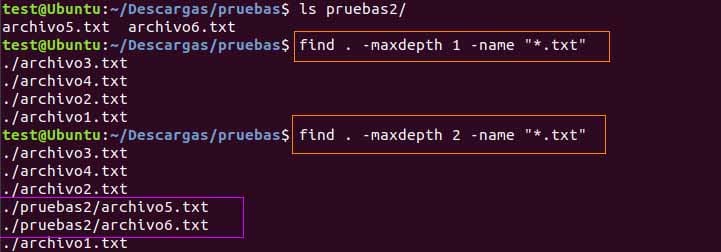 find linux buscar con nivel maximo de recursion maxdepth