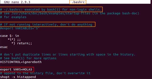 definir variables de entorno para usuario en archivo .bashrc