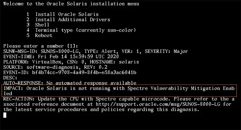IMPACT: oracle solaris is not running with spectre vulnerability mitigation enabled