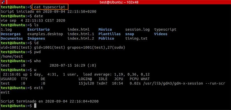 el contenido del fichero typescript linux