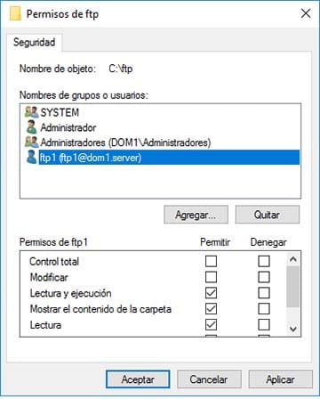agregar usuario ftp permisos seguridad directorio windows