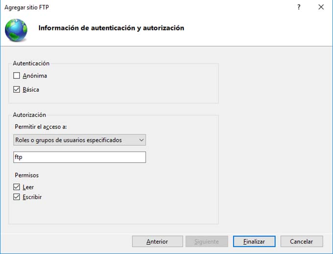 autenticacion autorizacion servidor ftp windows iis