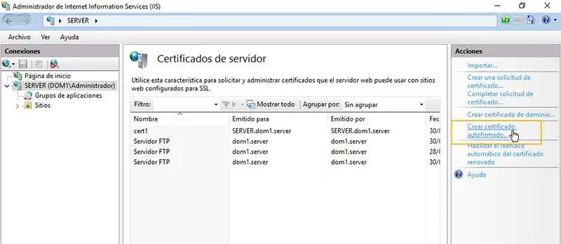 crear certificado autofirmado servidor iis ftp