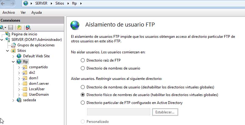 opciones isolate user ftp controlador dominio